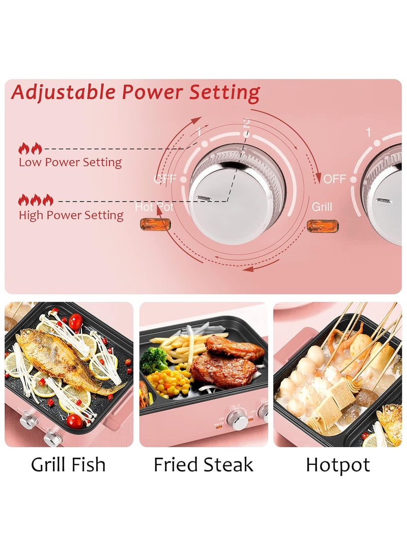 Indoor Smokeless Grill with Hot Pot, 1200W 2-in-1 Electric Tabletop Korean BBQ Grill for 3-4 People, Dual Temperature Control, Thermal Protection, Non-Stick Surface, Compact & Stylish (Pink)