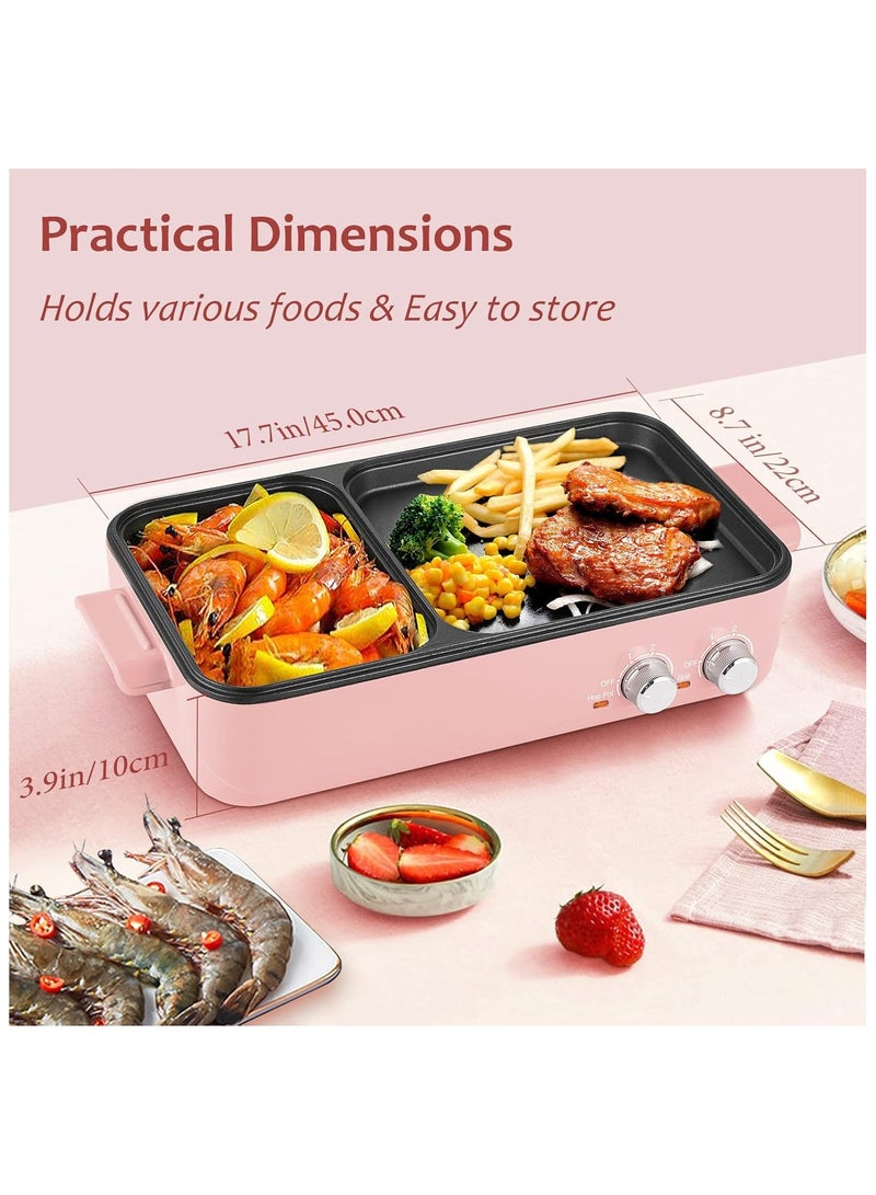 Indoor Smokeless Grill with Hot Pot, 1200W 2-in-1 Electric Tabletop Korean BBQ Grill for 3-4 People, Dual Temperature Control, Thermal Protection, Non-Stick Surface, Compact & Stylish (Pink)