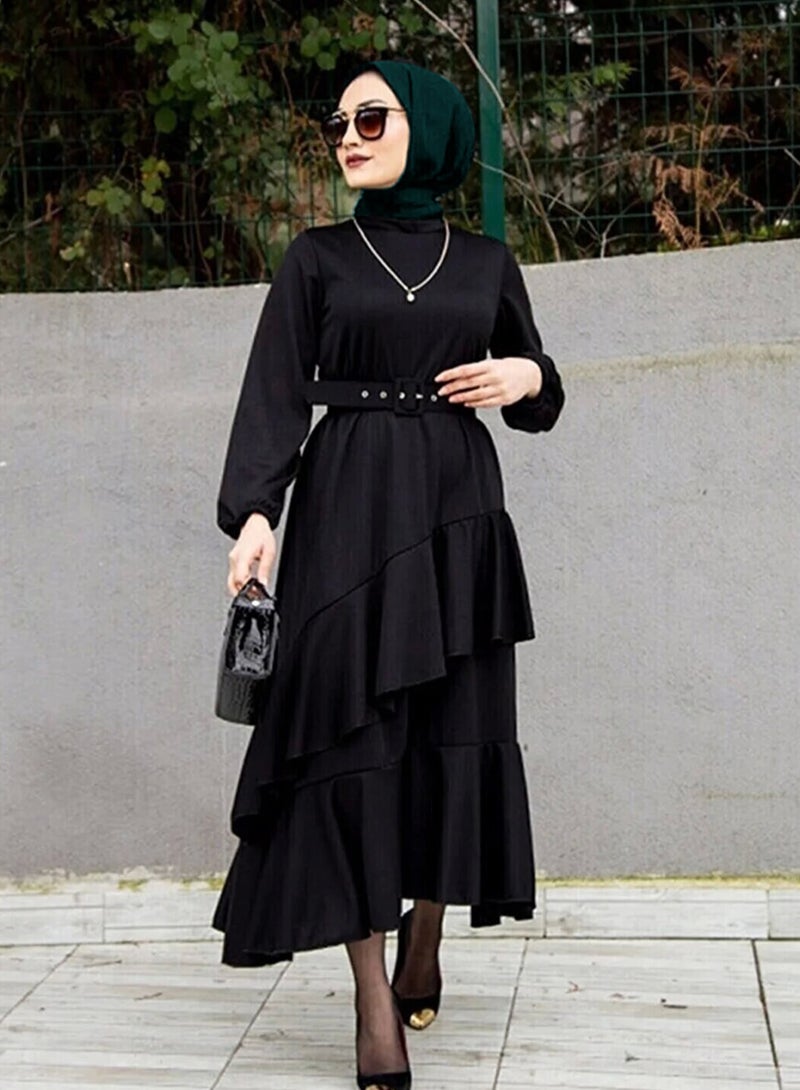 Elegant Middle Eastern-Inspired Dress with Pleated Hem and Stylish Belt - Perfect for Muslim Professional Women and Versatile Occasions