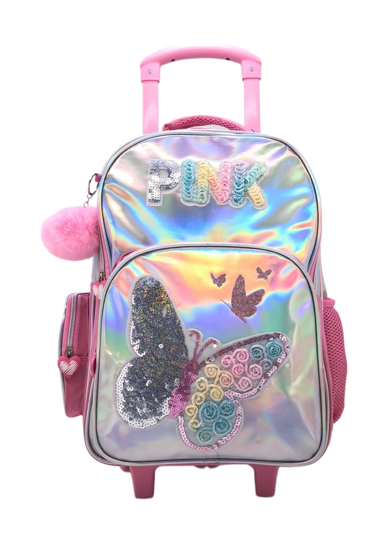 Pink Silver Butterfly Design Rolling Backpack 15 inch Wheeled Kids Backpack with Lunch Bag and Pencil Case for Girls Pink and Silver