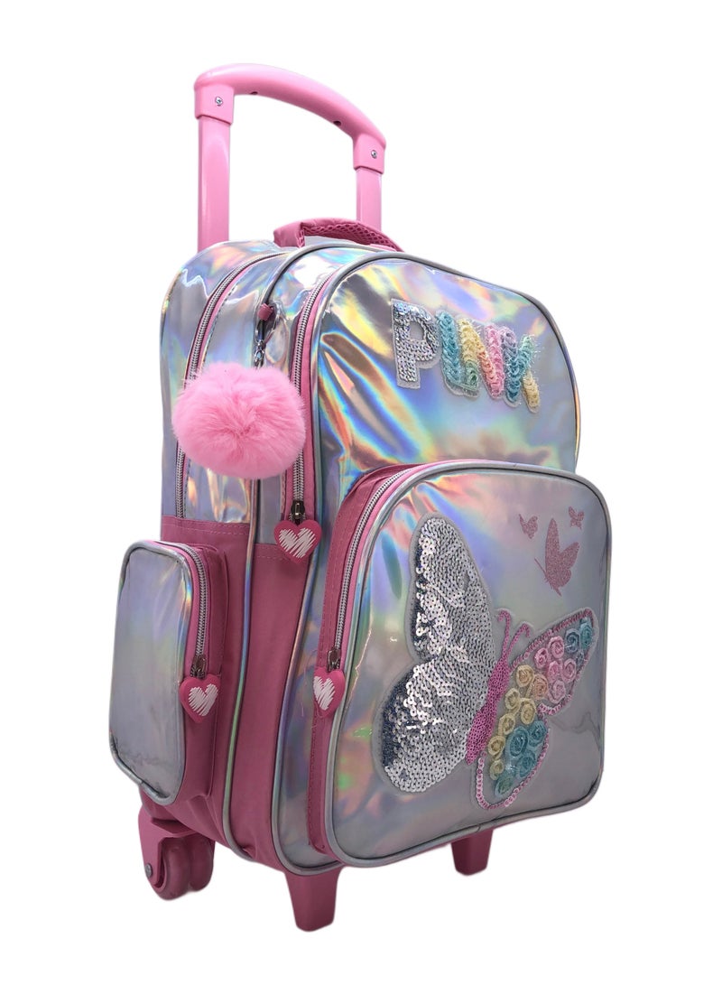 Pink Silver Butterfly Design Rolling Backpack 15 inch Wheeled Kids Backpack with Lunch Bag and Pencil Case for Girls Pink and Silver