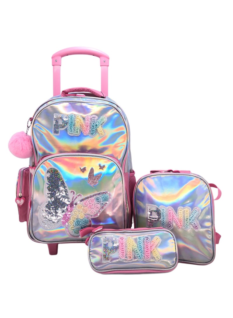 Pink Silver Butterfly Design Rolling Backpack 15 inch Wheeled Kids Backpack with Lunch Bag and Pencil Case for Girls Pink and Silver