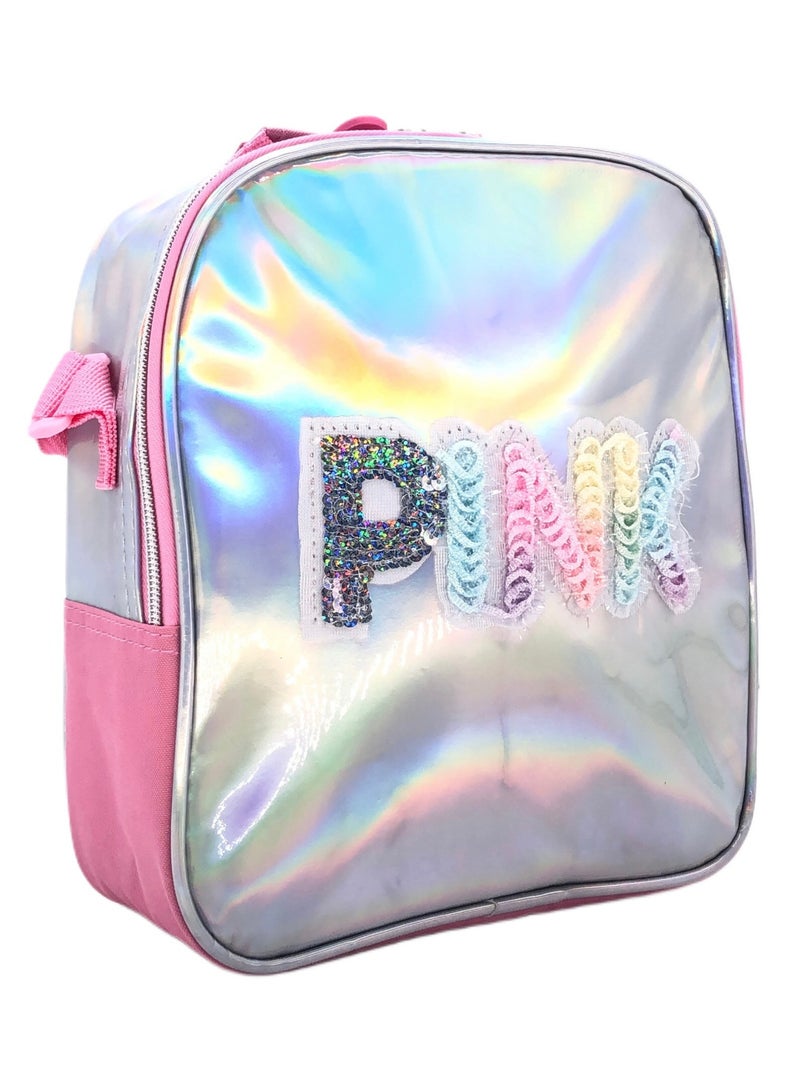 Pink Silver Butterfly Design Rolling Backpack 15 inch Wheeled Kids Backpack with Lunch Bag and Pencil Case for Girls Pink and Silver