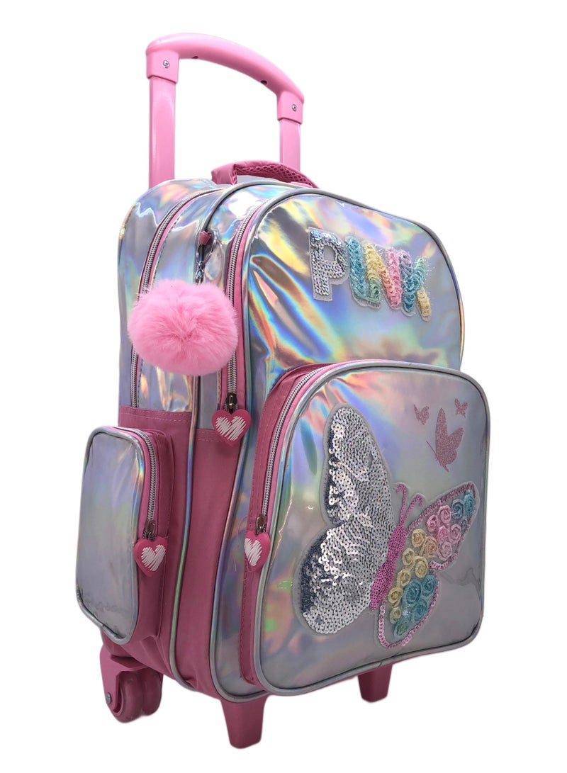 Pink Silver Butterfly Design Rolling Backpack 18 inch Wheeled Kids Backpack with Lunch Bag and Pencil Case for Girls Pink and Silver