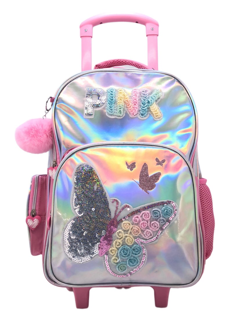 Pink Silver Butterfly Design Rolling Backpack 18 inch Wheeled Kids Backpack with Lunch Bag and Pencil Case for Girls Pink and Silver