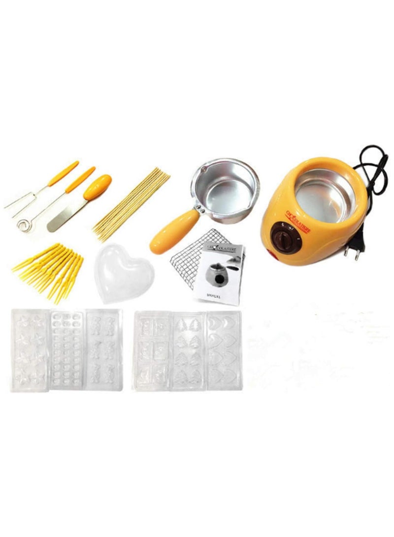 Electric Chocolate Melting Pot Machine Chocolate Fountain Fondue Pot Candy Making Cupcake Melter Chocomaker DIY Kitchen Tool Gift with Mould Set (Yellow)