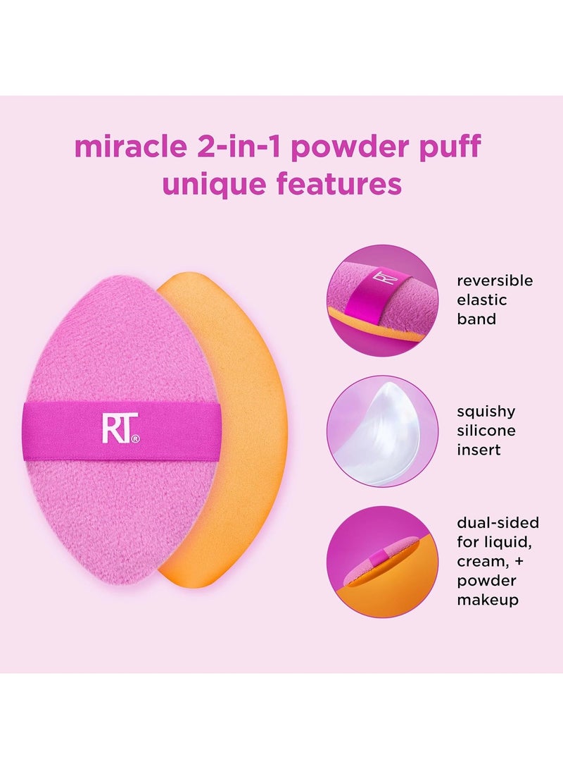 Real Techniques Miracle 2-In-1 Powder Puff with Travel Case, Dual-Sided Makeup Blending Puff, Elastic Band, Precision Makeup Sponge and Powder Puff, For Liquid, Cream and Powders 2 Count