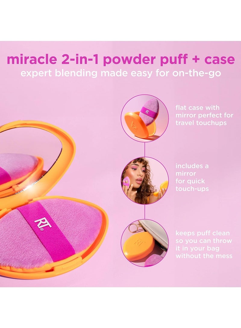 Real Techniques Miracle 2-In-1 Powder Puff with Travel Case, Dual-Sided Makeup Blending Puff, Elastic Band, Precision Makeup Sponge and Powder Puff, For Liquid, Cream and Powders 2 Count