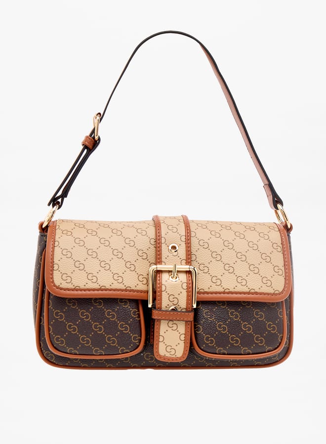 Women Monogram Print Satchel Bag with Adjustable Strap and Flap Closure