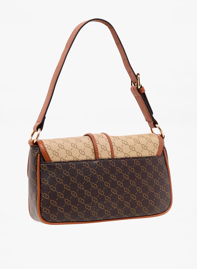 Women Monogram Print Satchel Bag with Adjustable Strap and Flap Closure