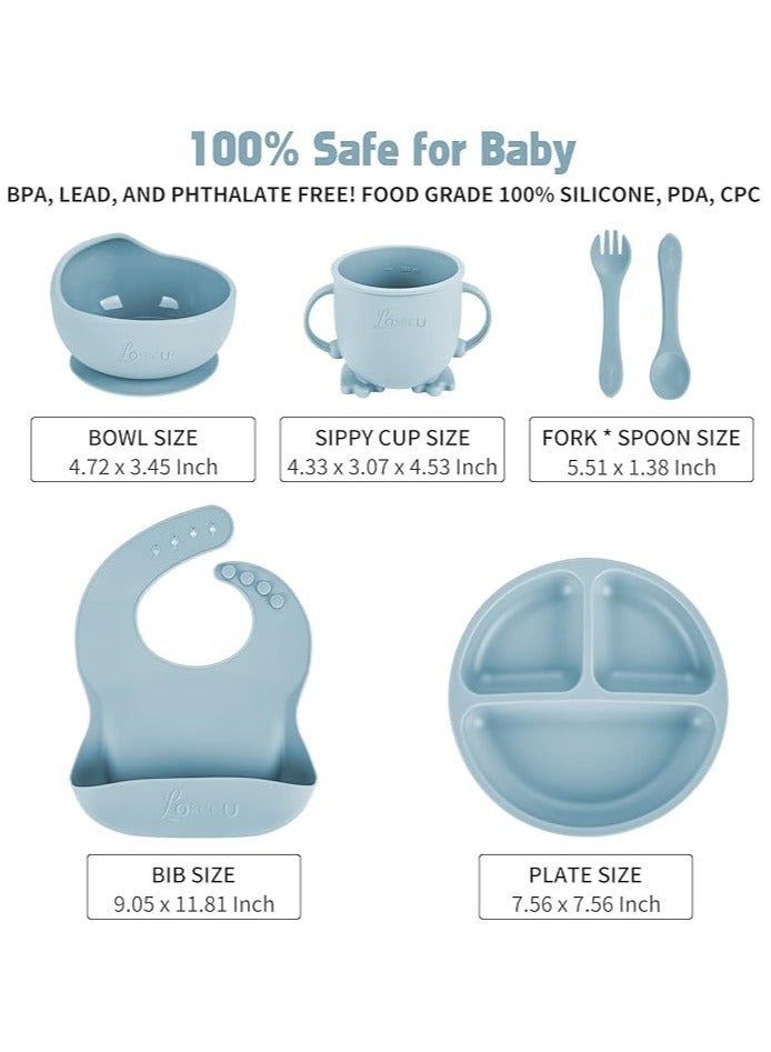 Baby silicone feeding set/ Children's Cutlery Portable Travel Bowl Silicone Tableware for Kids Bowl Non-toxic Food Grade Baby Silicone Baby Feeding Set (8 Pieces/ Compartment Plate, Bowl, Short Fork & Spoon, Water Cup, Bib, Long Fork & Spoon)/ Blue