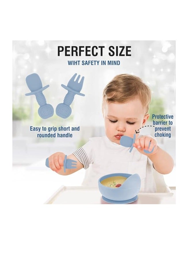 Baby silicone feeding set/ Children's Cutlery Portable Travel Bowl Silicone Tableware for Kids Bowl Non-toxic Food Grade Baby Silicone Baby Feeding Set (8 Pieces/ Compartment Plate, Bowl, Short Fork & Spoon, Water Cup, Bib, Long Fork & Spoon)/ Blue