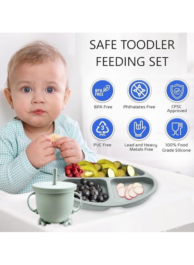 Baby silicone feeding set/ Children's Cutlery Portable Travel Bowl Silicone Tableware for Kids Bowl Non-toxic Food Grade Baby Silicone Baby Feeding Set (8 Pieces/ Compartment Plate, Bowl, Short Fork & Spoon, Water Cup, Bib, Long Fork & Spoon)/ Green