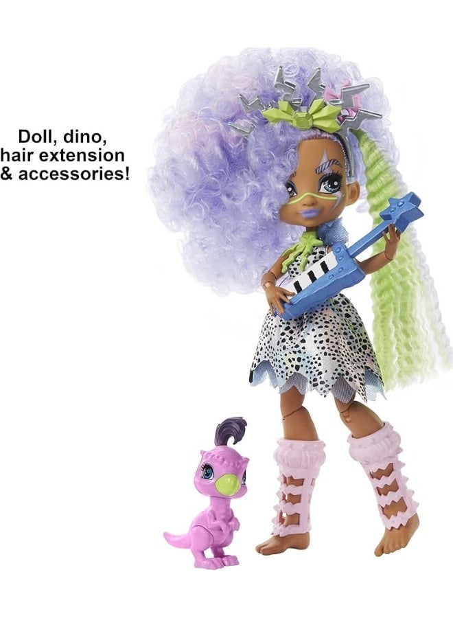 Mattel Cave Club Bashley Doll 810inch Lavender Hair Poseable Prehistoric Fashion Doll with Dinosaur Pet and Accessories Gift for 4 Year Olds and Up