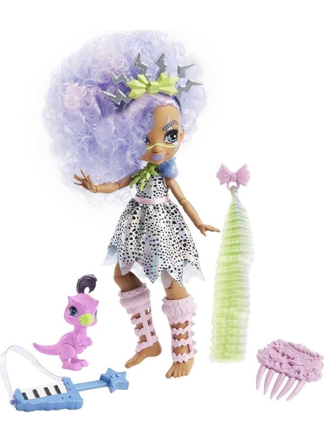 Mattel Cave Club Bashley Doll 810inch Lavender Hair Poseable Prehistoric Fashion Doll with Dinosaur Pet and Accessories Gift for 4 Year Olds and Up