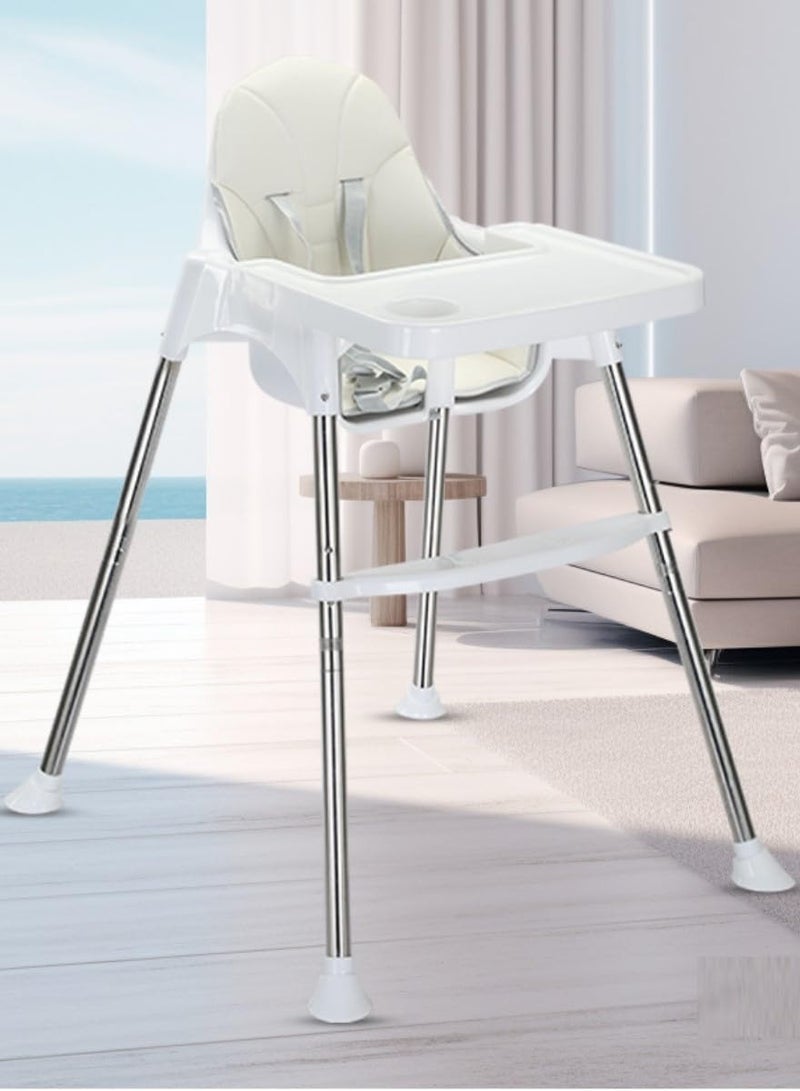 High Chair with Seat Cushion for Baby Feeding, Lightweight only 2 kg, Adjustable Seat Height, Footrest and Tray with Cup Holder, Safety Belts (White)