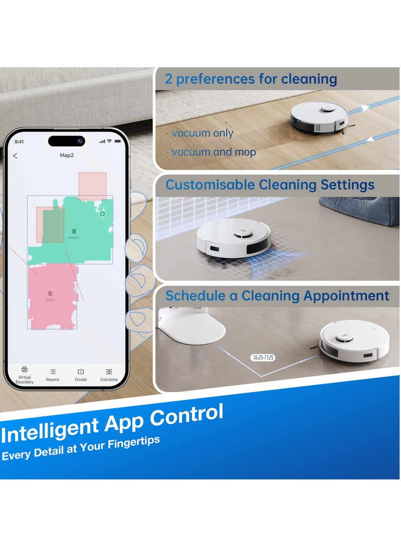 【Upgrade N10 Robotic Vacuum Cleaner, 8000Pa Strongest Suction Robot Cleaner, Anti-Hair Tangle, Deep Sweeping and Mopping, 6400mAh Battery 400 ml 45 W Deebot N20 PRO White