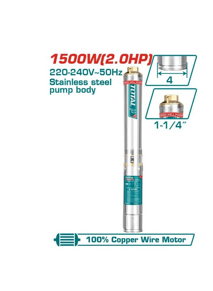 Total Deep Well Pump 1500W 2HP - High-Efficiency Copper Motor, 17 Stage Impeller, 135m Max Head, Stainless Steel Body, 20M Cable for Residential & Irrigation Use Control box not included