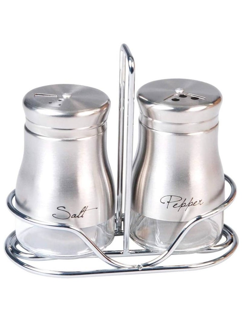 Art set of 2 Glass Spice Jar, Salt & Pepper with Stainless Steel Coating and Metal Stand, Silver Q-SP-GL6