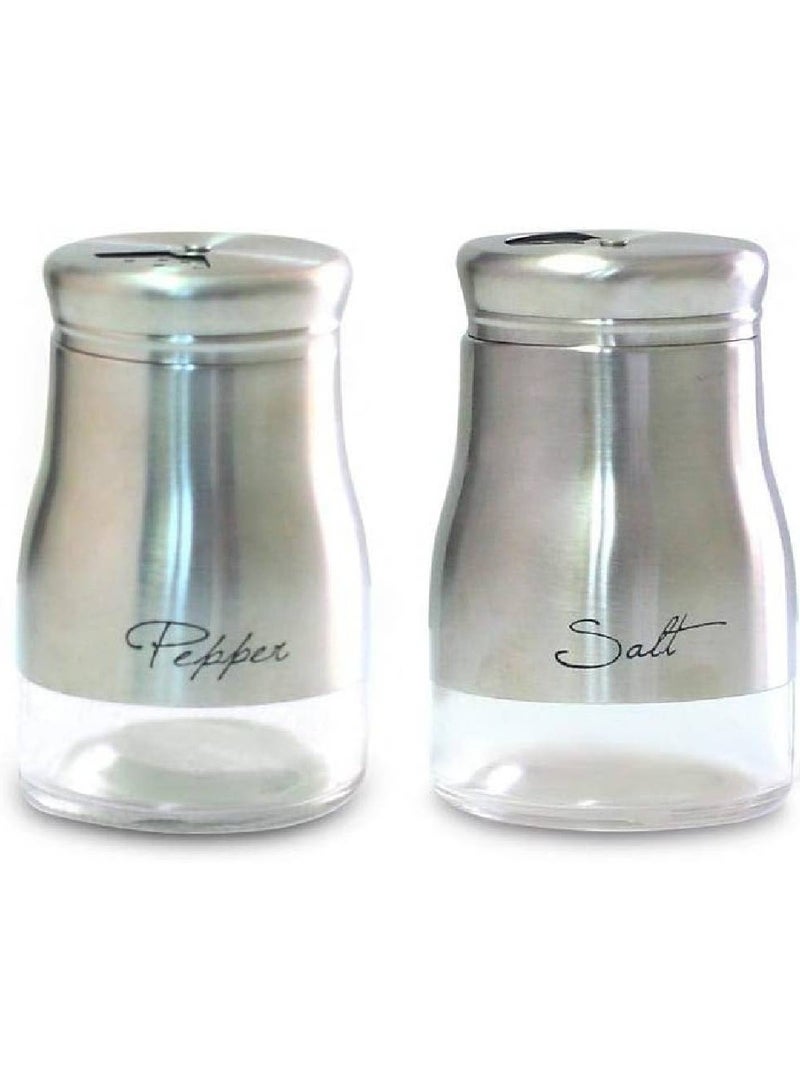 Art set of 2 Glass Spice Jar, Salt & Pepper with Stainless Steel Coating and Metal Stand, Silver Q-SP-GL6