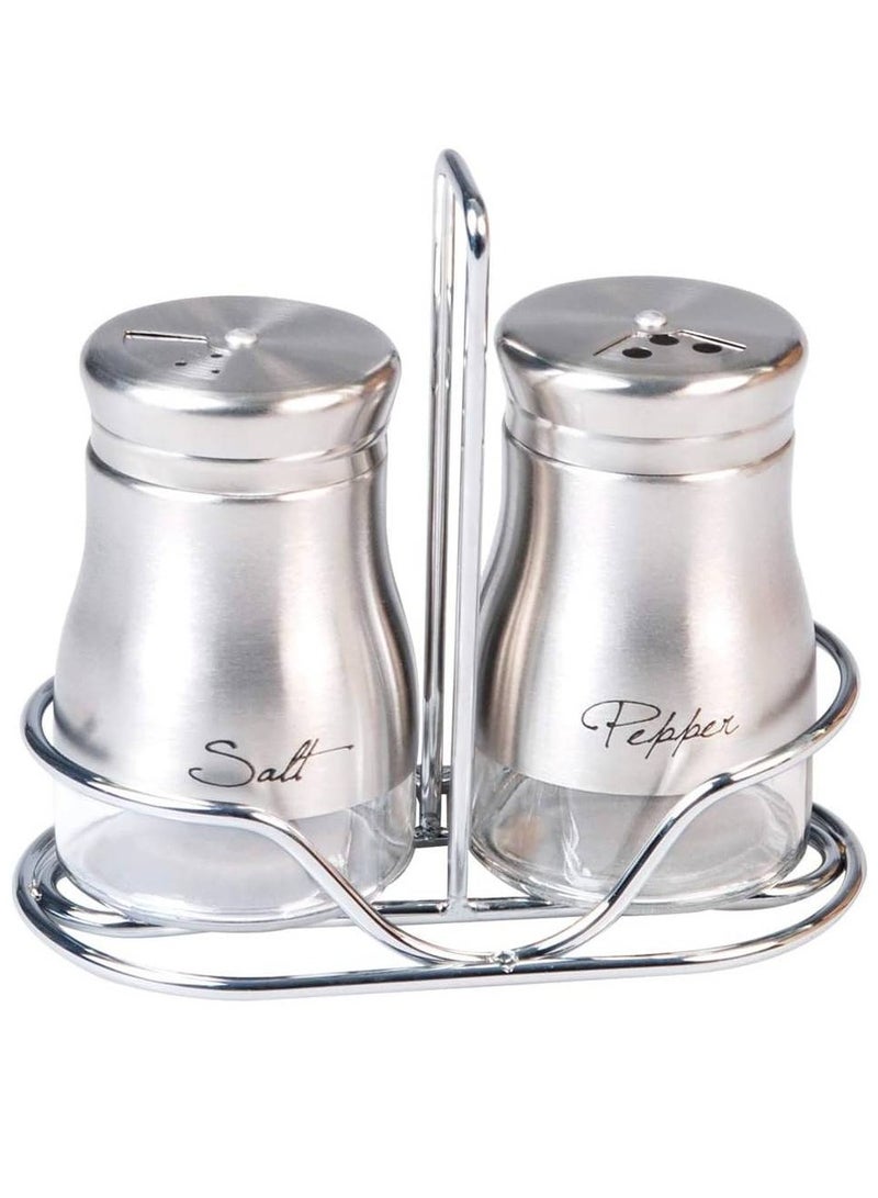 Art set of 2 Glass Spice Jar, Salt & Pepper with Stainless Steel Coating and Metal Stand, Silver Q-SP-GL6