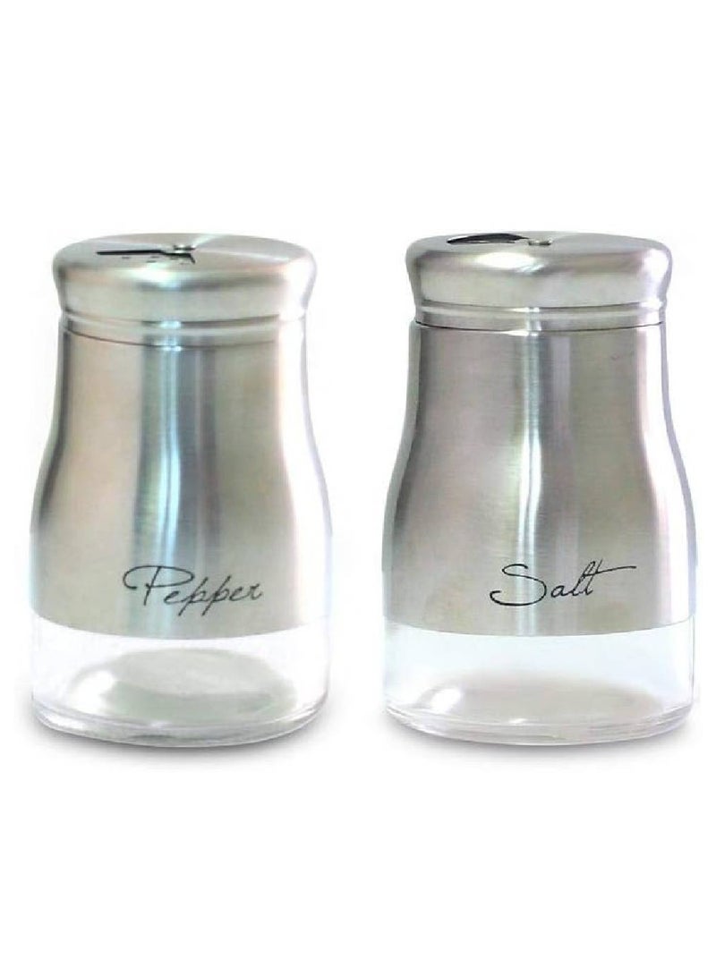 Art set of 2 Glass Spice Jar, Salt & Pepper with Stainless Steel Coating and Metal Stand, Silver Q-SP-GL6