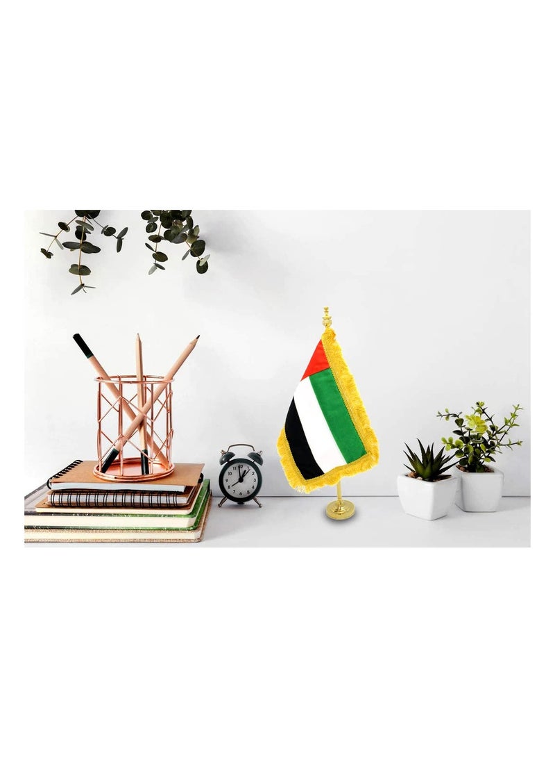 UAE Table Flag Stand–Durable Metal Flagpole Holder For Office,Home,Desk,Or Events Conference Table Decoration–Mini Flags Pole Holder-Metal Flag Stand For Schools