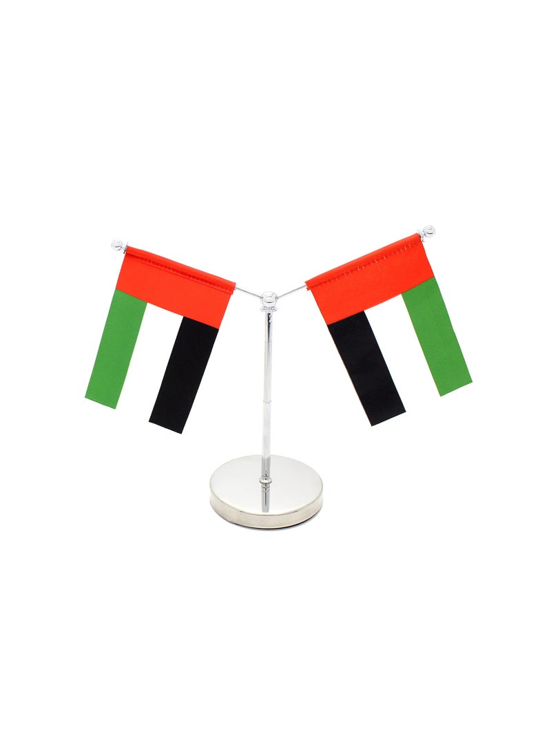 UAE Metal Table Flag Stand–Y Shape Double Mini Flags Pole Holder-Durable Flagpole Holder For Office,Home,Desk Or Events Conference Table Decoration–Metal Flag Stand For Schools