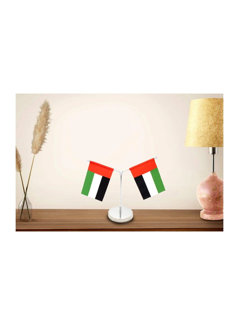 UAE Metal Table Flag Stand–Y Shape Double Mini Flags Pole Holder-Durable Flagpole Holder For Office,Home,Desk Or Events Conference Table Decoration–Metal Flag Stand For Schools