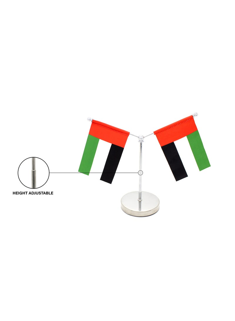 UAE Metal Table Flag Stand–Y Shape Double Mini Flags Pole Holder-Durable Flagpole Holder For Office,Home,Desk Or Events Conference Table Decoration–Metal Flag Stand For Schools