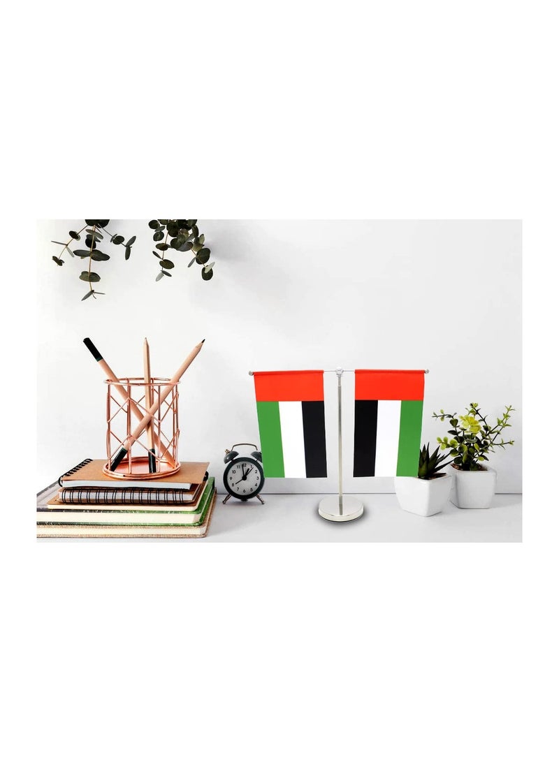 UAE Metal Table Flag Stand–Durable Flagpole Holder For Office,Home,Desk,Or Events Conference Table Decoration-Metal Flag Stand For Schools–T Shape Double Mini Flags Pole Holder