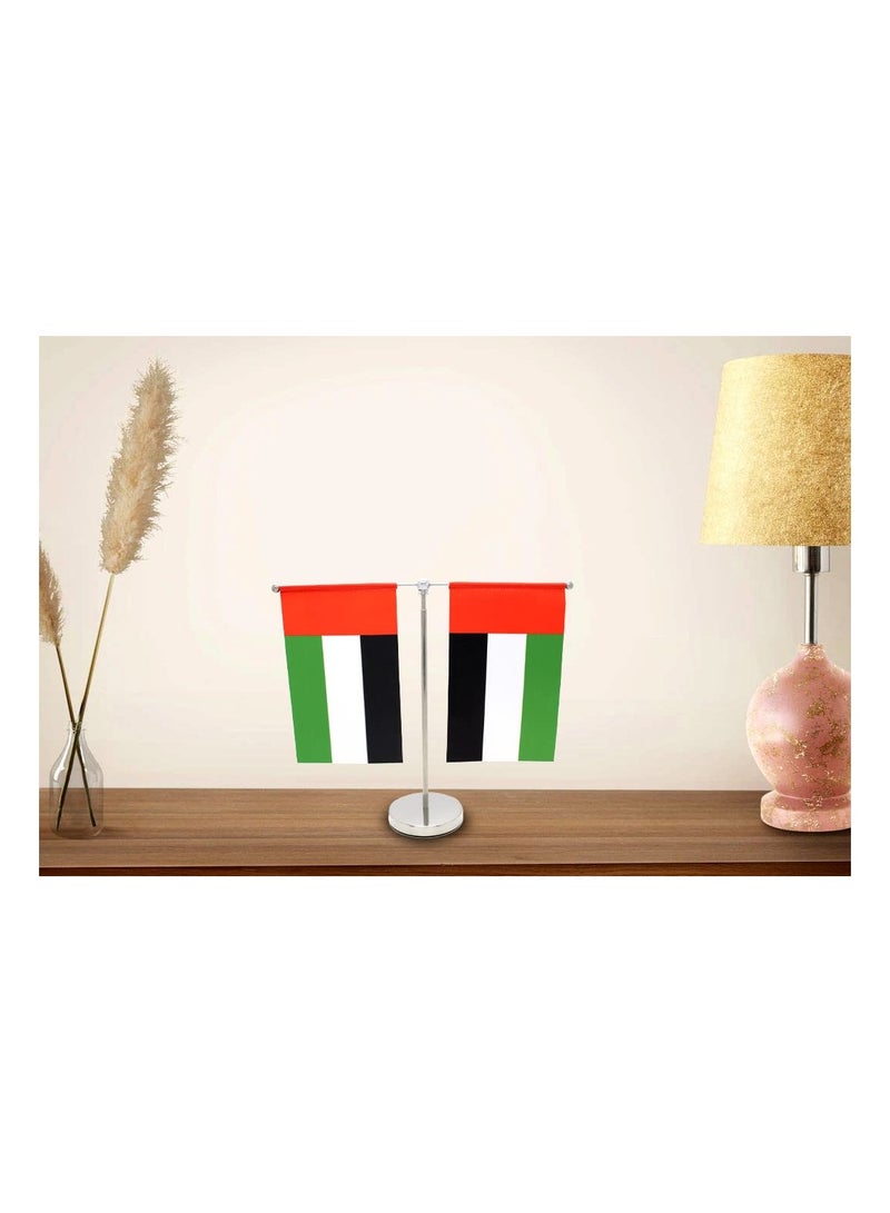 UAE Metal Table Flag Stand–Durable Flagpole Holder For Office,Home,Desk,Or Events Conference Table Decoration-Metal Flag Stand For Schools–T Shape Double Mini Flags Pole Holder