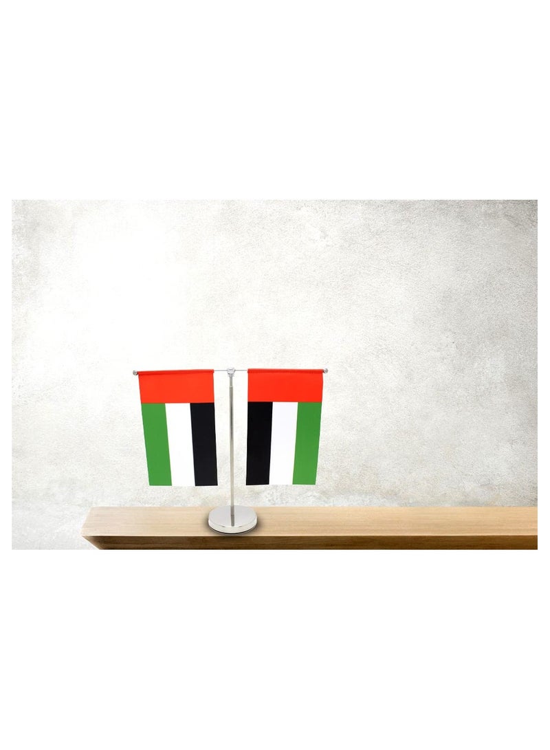 UAE Metal Table Flag Stand–Durable Flagpole Holder For Office,Home,Desk,Or Events Conference Table Decoration-Metal Flag Stand For Schools–T Shape Double Mini Flags Pole Holder