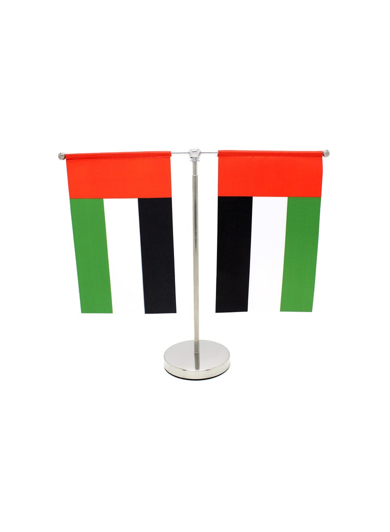 UAE Metal Table Flag Stand–Durable Flagpole Holder For Office,Home,Desk,Or Events Conference Table Decoration-Metal Flag Stand For Schools–T Shape Double Mini Flags Pole Holder