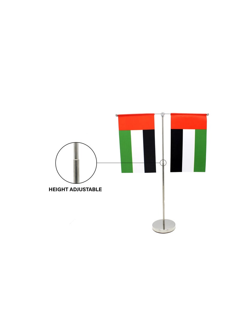 UAE Metal Table Flag Stand–Durable Flagpole Holder For Office,Home,Desk,Or Events Conference Table Decoration-Metal Flag Stand For Schools–T Shape Double Mini Flags Pole Holder