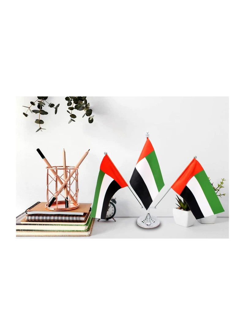 UAE 3 Flag Table Stand–Durable Flagpole Holder For Office,Home,Desk, Or Events Conference Table Decoration-Silver Metal Flag Stand For Schools–Triple Mini Flags Pole Holder