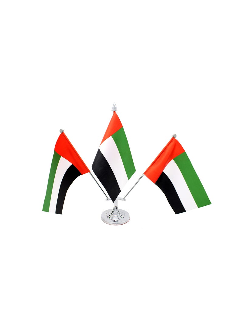 UAE 3 Flag Table Stand–Durable Flagpole Holder For Office,Home,Desk, Or Events Conference Table Decoration-Silver Metal Flag Stand For Schools–Triple Mini Flags Pole Holder