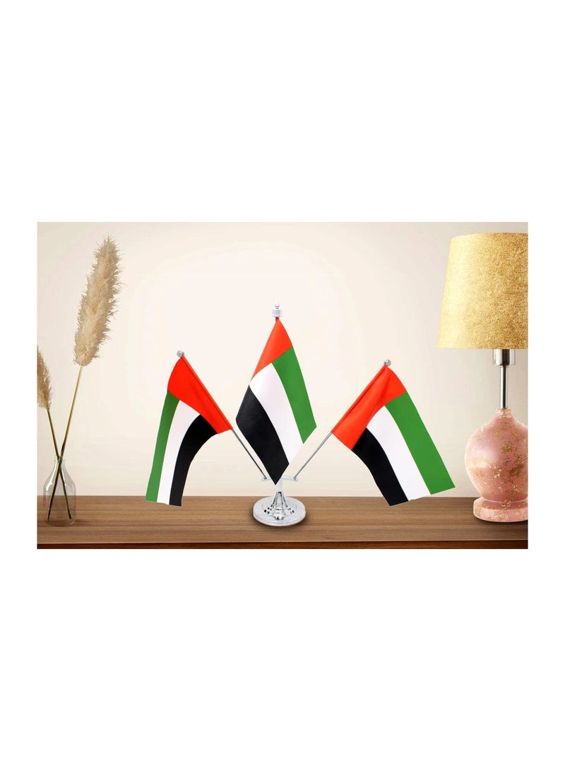 UAE 3 Flag Table Stand–Durable Flagpole Holder For Office,Home,Desk, Or Events Conference Table Decoration-Silver Metal Flag Stand For Schools–Triple Mini Flags Pole Holder