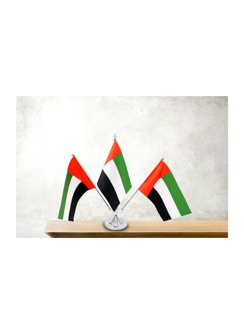 UAE 3 Flag Table Stand–Durable Flagpole Holder For Office,Home,Desk, Or Events Conference Table Decoration-Silver Metal Flag Stand For Schools–Triple Mini Flags Pole Holder