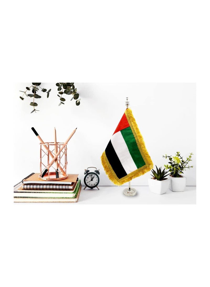 UAE Single Table Flag Stand–Mini Metal Flags Pole Holder–Durable Flagpole Holder For Office,Home,Desk, Or Events Conference Table Decoration-Silver Flag Stand For Schools