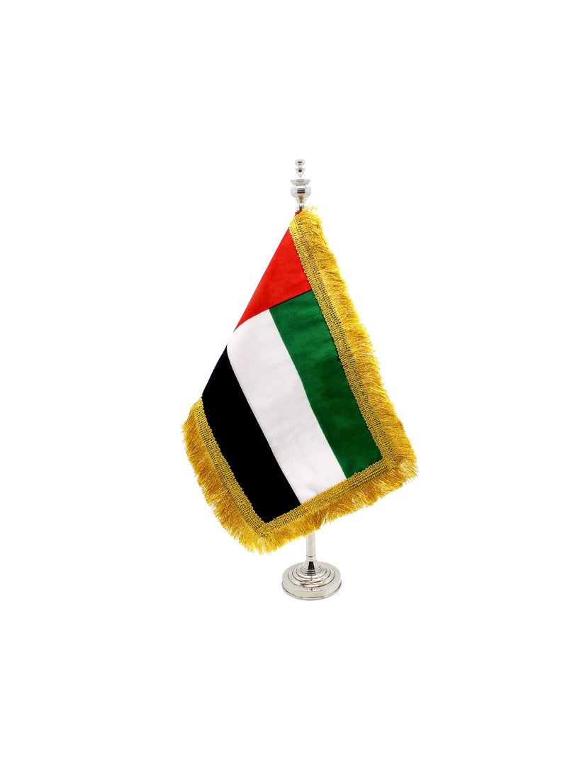 UAE Single Table Flag Stand–Mini Metal Flags Pole Holder–Durable Flagpole Holder For Office,Home,Desk, Or Events Conference Table Decoration-Silver Flag Stand For Schools