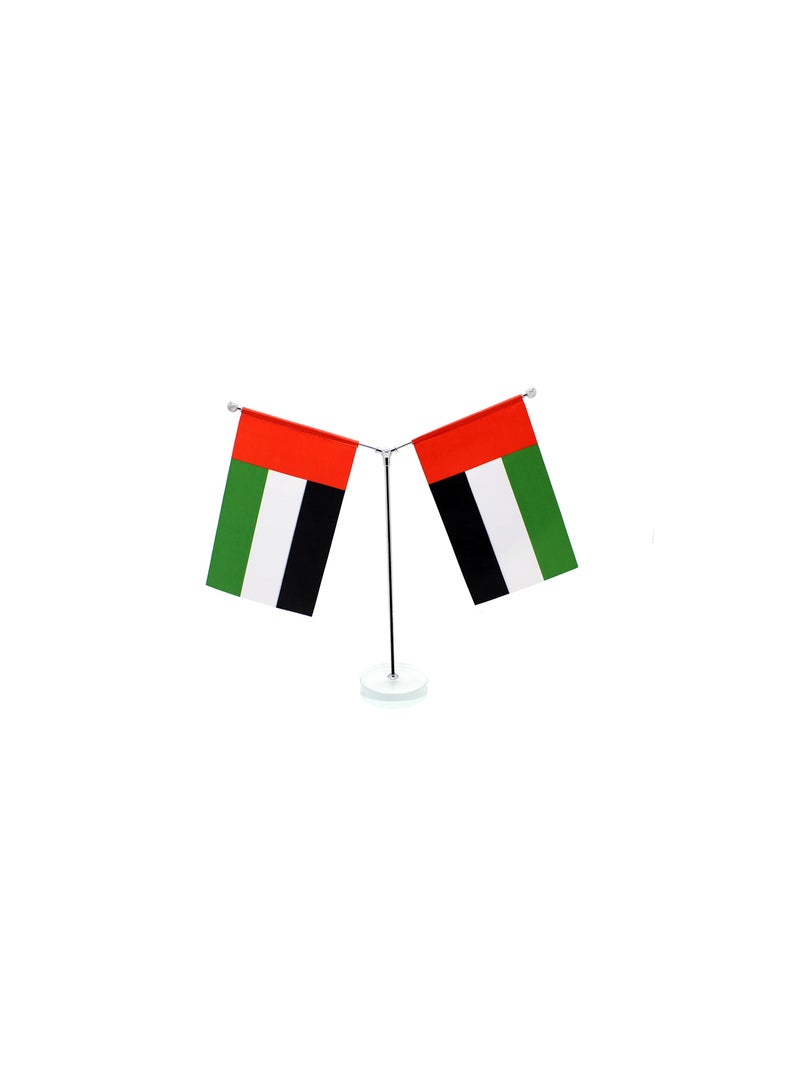 UAE Metal Table Flag Stand–Y Shape Double Mini Flags Pole Holder-Durable Flagpole Holder For Office,Home,Desk,Or Events Conference Table Decoration–Silver Metal Flag stand For Schools