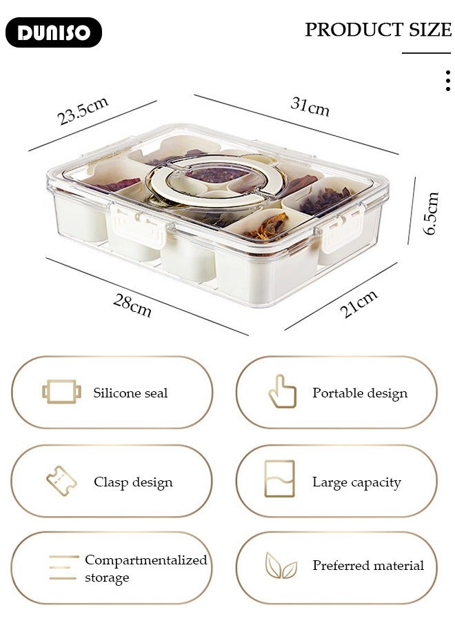 Divided Serving Tray with Lid and Handle, Clear Portable Snack Box Container, Veggie Tray Fruit Tray, 8 Compartment Square Food Storage Organizer for Snack, Fruits, Veggie, Candy, Nut, Spice