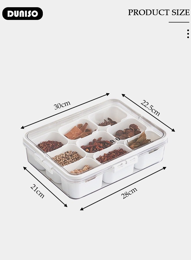 Divided Serving Tray with Lid and Handle, Clear Portable Snack Box Container, Veggie Tray Fruit Tray, 9 Compartment Square Food Storage Organizer for Snack, Fruits, Veggie, Candy, Nut, Spice