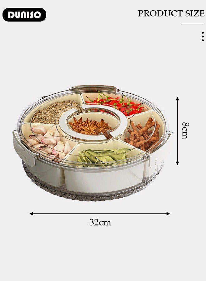 Divided Rotating Serving Tray with Lid & Handle 6 Compartments, Multi purpose Food Organizer and Storage Platter,  Portable Snackle Box for Fruits Snacks Veggie Charcuterie, Fridge Organizer