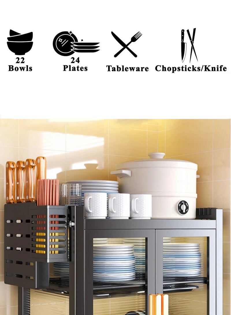 Heavy Duty 3 Tier Kitchen Organizer Countertop Freestanding Dustproof With Double Magnetic Doors Dish Drying Utensil Storage Rack Cutlery And Chopstick Baskets Hooks Easy Assembly And Frosted Texture