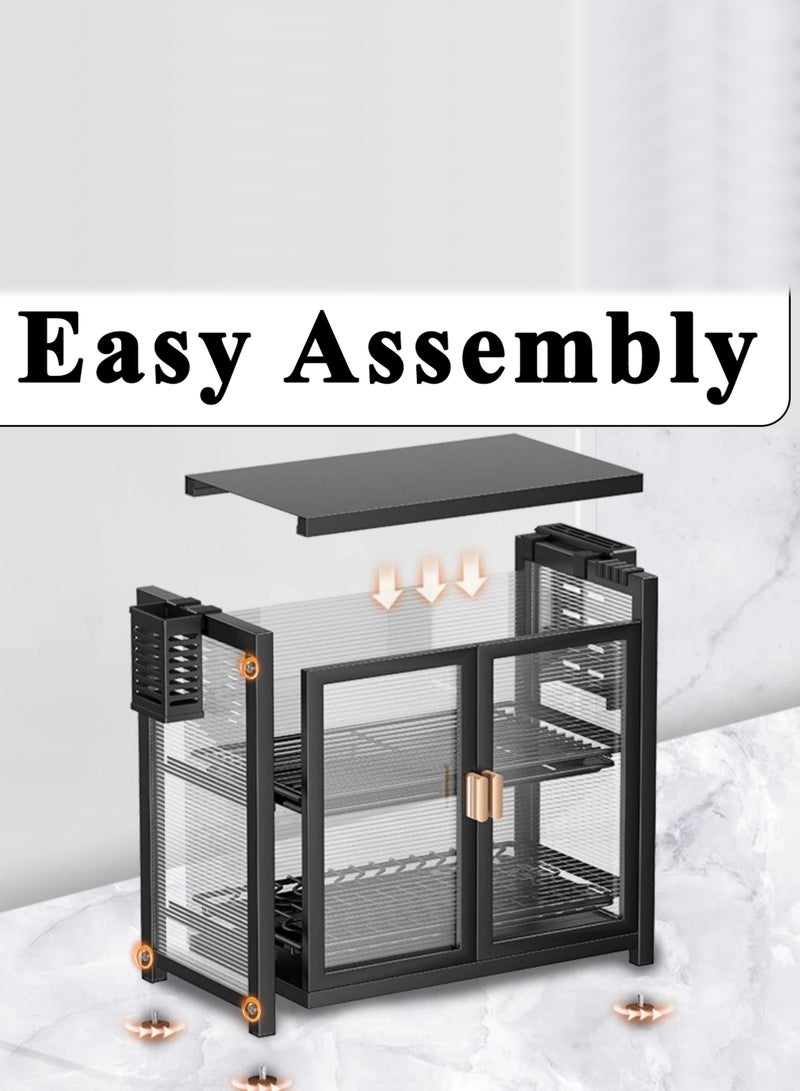 Heavy Duty 3 Tier Kitchen Organizer Countertop Freestanding Dustproof With Double Magnetic Doors Dish Drying Utensil Storage Rack Cutlery And Chopstick Baskets Hooks Easy Assembly And Frosted Texture