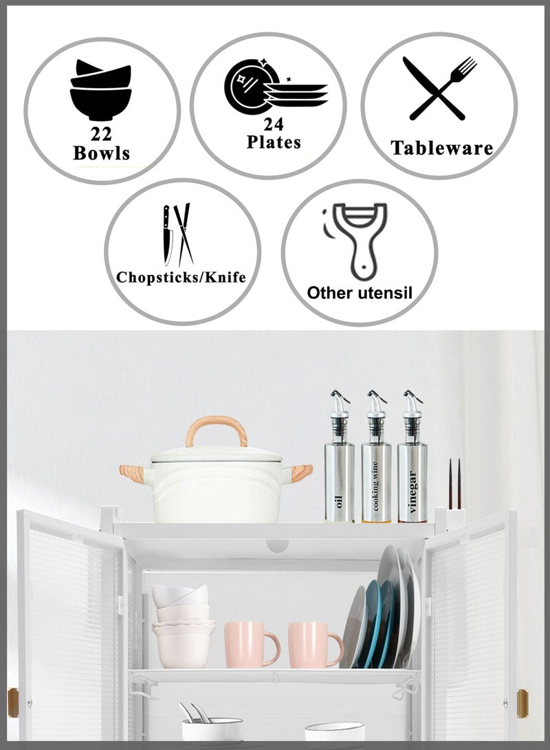 Versatile 3-Layer Carbon Steel Dish Drying Rack with Detachable Dual Door Cabinet Shelf Storage, Drainer Tray, and Organizing Shelves for Bowls, Plates, Utensils, Cutlery, Spoons, Forks, and Knives