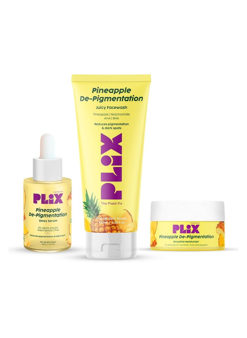 Pineapple Pigmentation Skincare Kit For Dark Spot Removal Cleanser Face Serum and Moisturizer Combo With 2 percent Alpha Arbutin For Women and Men Pack of 3