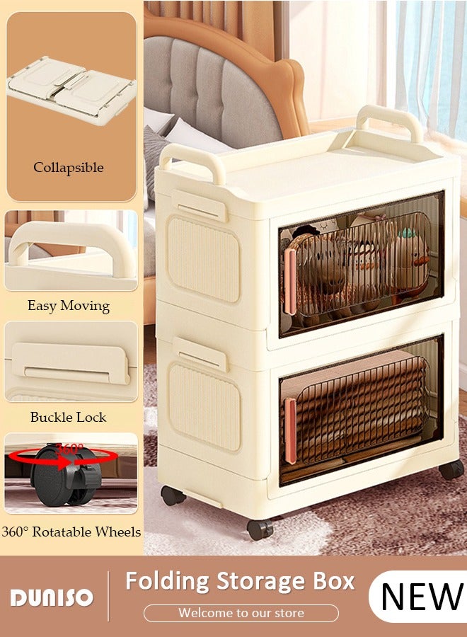 2 Layers Folding Storage Box with Lids, Plastic Stackable Storage Box Storage Bins with Wheels and Doors，37 cm Wide Large Capacity Cabinet for Clothes, Toys, Snacks, Books, Multifunction Container for Home, Office and Outdoor